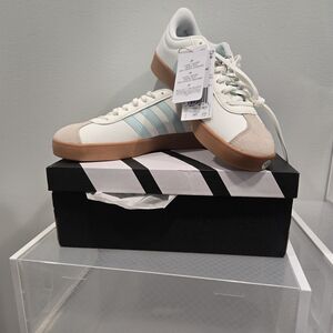 Adidas White and Light Blue Sneakers with Tan Sole